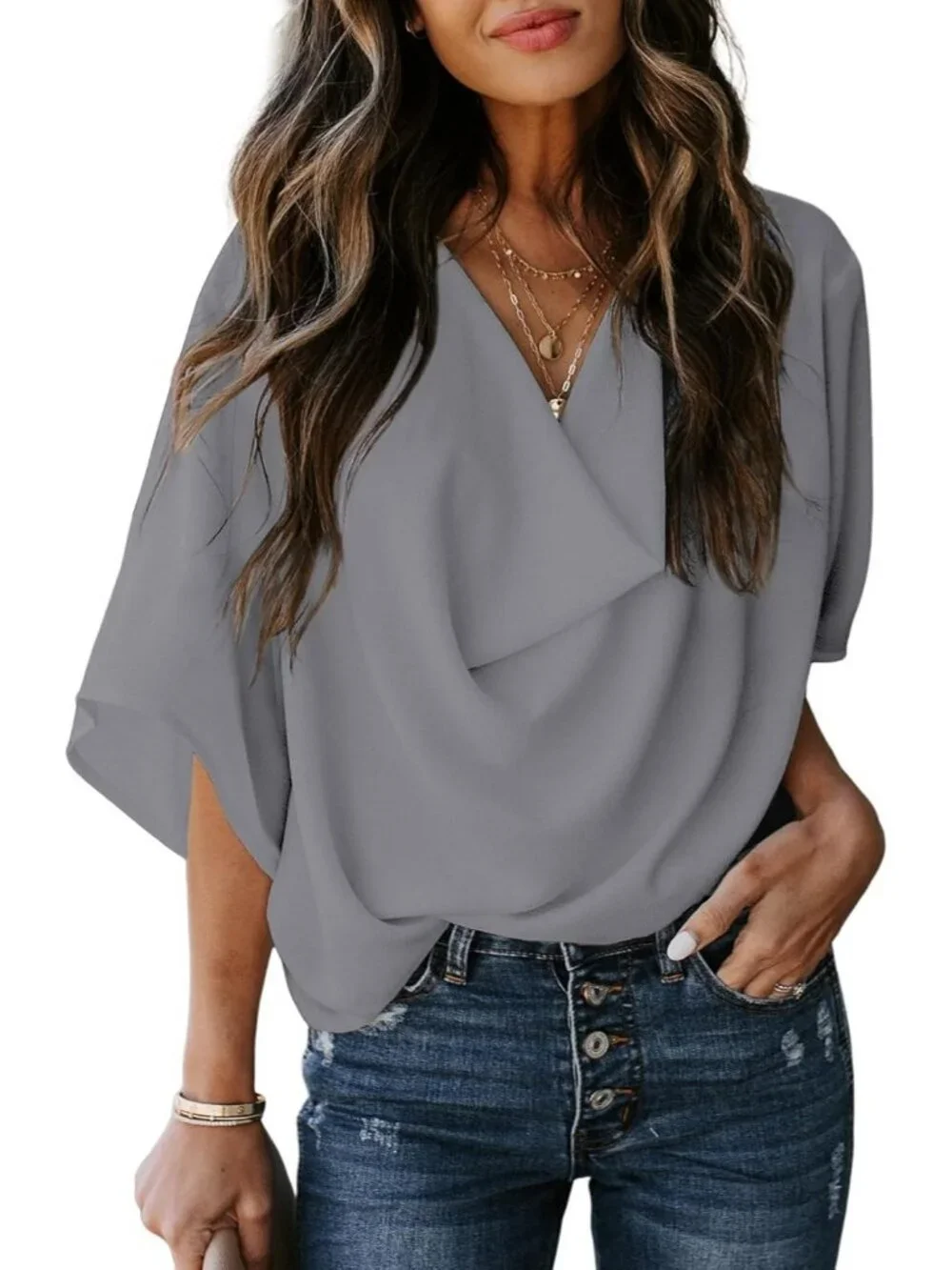 Women's 3/4 Sleeves Gray Wrap Draped Front Blouses Cowl Neck Chiffon Tops - Picture 1 of 4
